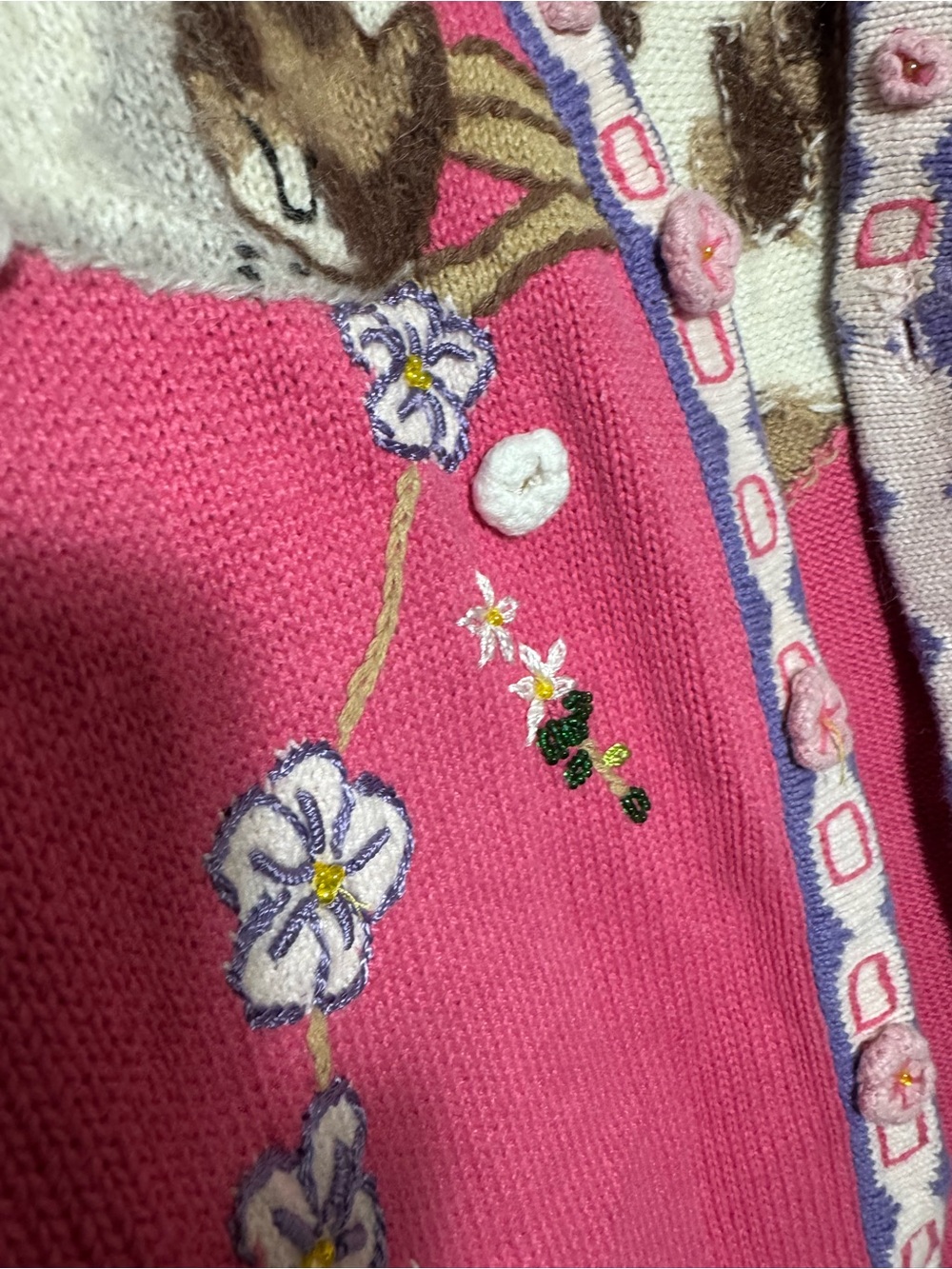 Storybook Knits Pink Embroidered Cat Floral Button V-Neck Cardigan Sweater 1X - Picture 6 of 10